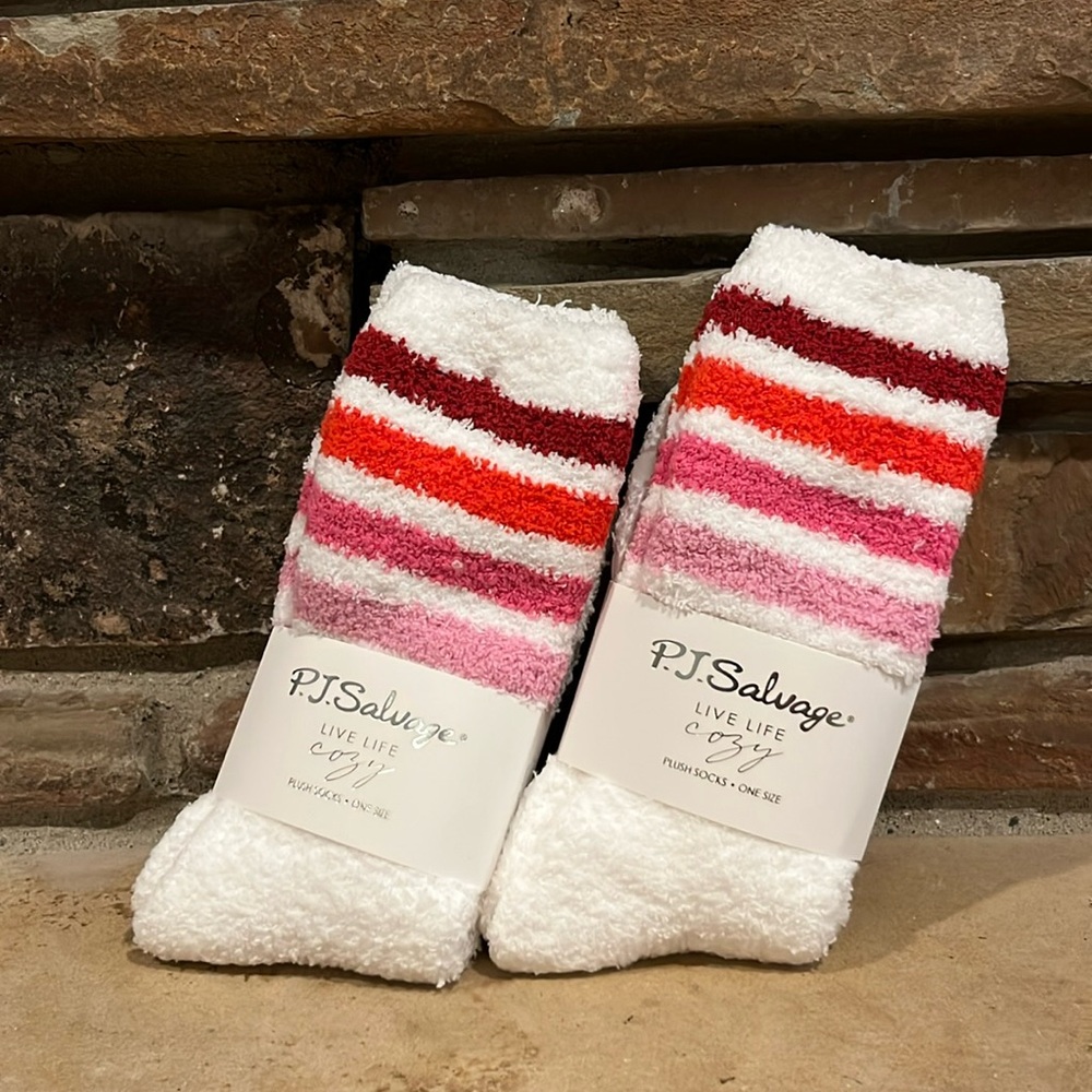 PJ Salvage Cozy Plush Socks White with Red and Pink Stripes 2 Pairs
